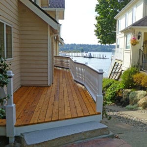 Flat sawn balusters on a side entry deck