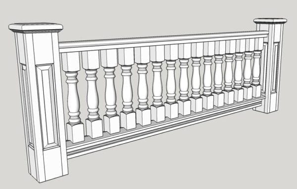 3 1/2" Classic porch spindles and raised panel newel 3D model