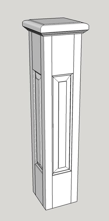 Raised panel newel post 3D drawing with post cap