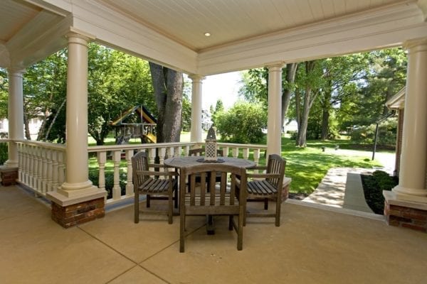 Classic porch spindles on covered patio