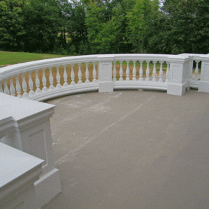 Covered porch rooftop railing, curved
