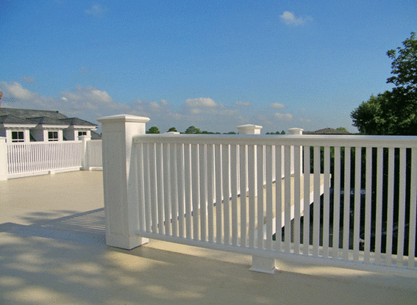 synthetic deck rail with raised panel newel posts and square balusters